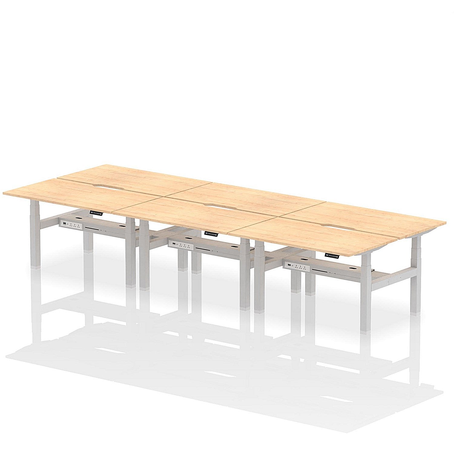 Air 6 Person Sit-Standing Scalloped Bench Desk, Back to Back, 6 x 1400mm (800mm Deep), Silver Frame, Maple Easy2Order : HA02138
