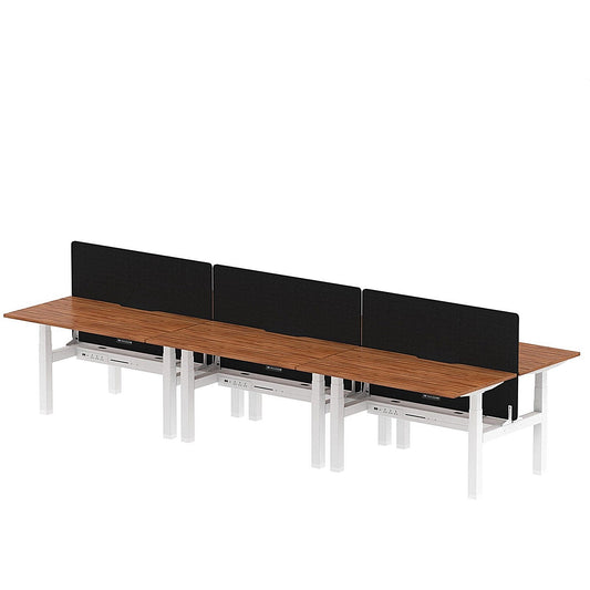 Air 6 Person Sit-Standing Scalloped Bench Desk with Black Straight Screen, Back to Back, 6 x 1400mm (800mm Deep), White Frame, Walnut Easy2Order : HA02165