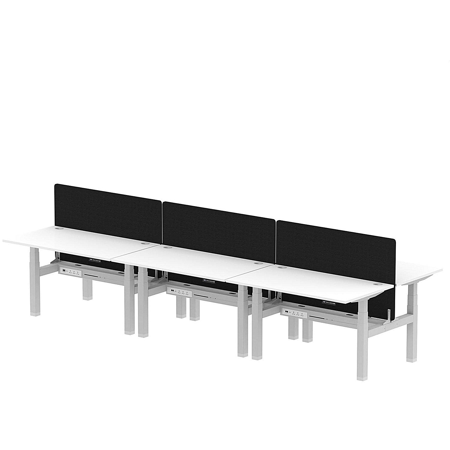 Air 6 Person Sit-Standing Bench Desk with Black Straight Screen, Back to Back, 6 x 1400mm (800mm Deep), Silver Frame, White Easy2Order : HA02169