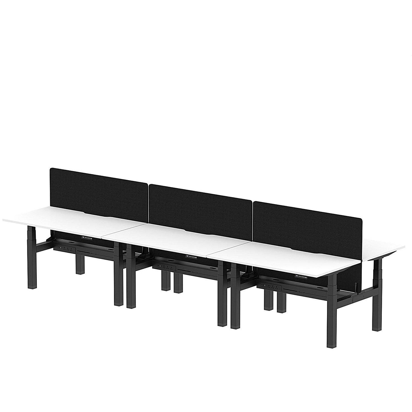 Air 6 Person Sit-Standing Scalloped Bench Desk with Black Straight Screen, Back to Back, 6 x 1400mm (800mm Deep), Black Frame, White Easy2Order : HA02173