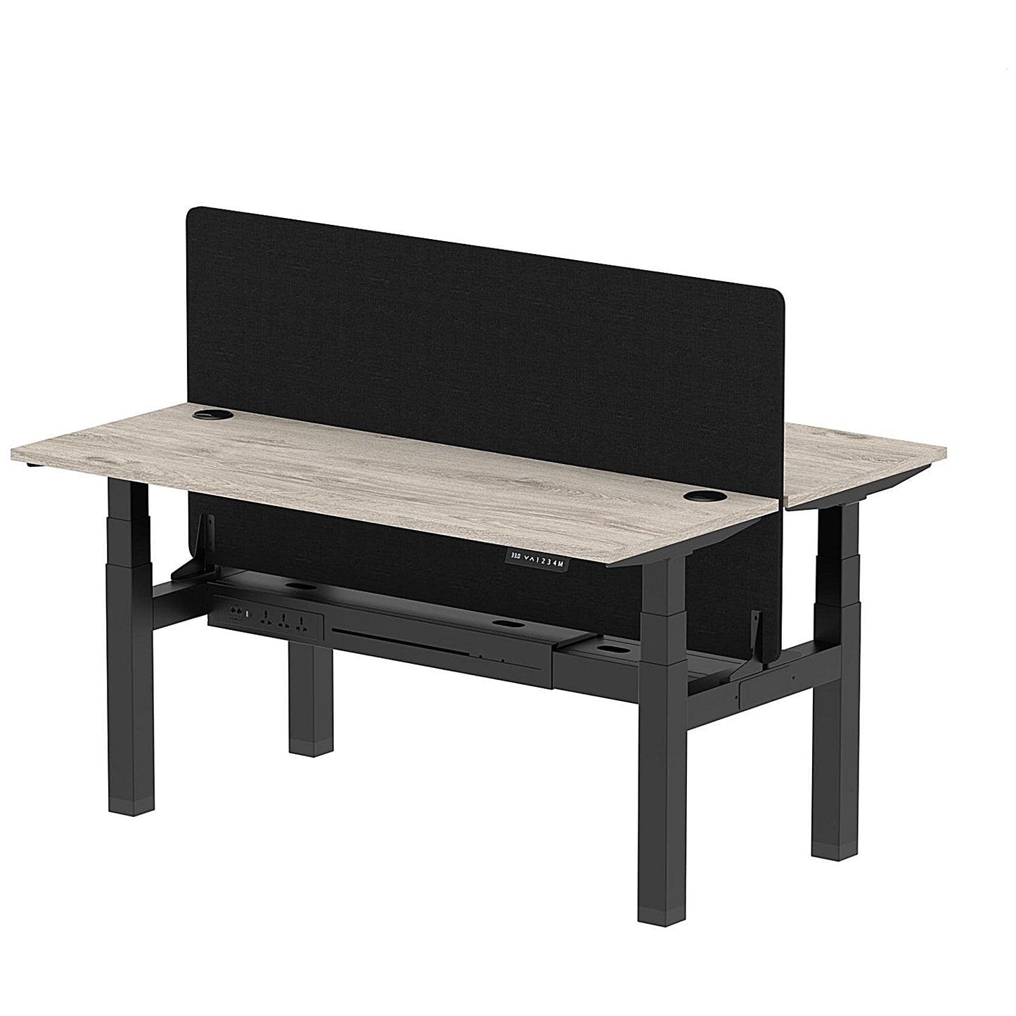 Air 2 Person Sit-Standing Bench Desk with Black Straight Screen, Back to Back, 2 x 1600mm (600mm Deep), Black Frame, Grey Oak Easy2Order : HA02185