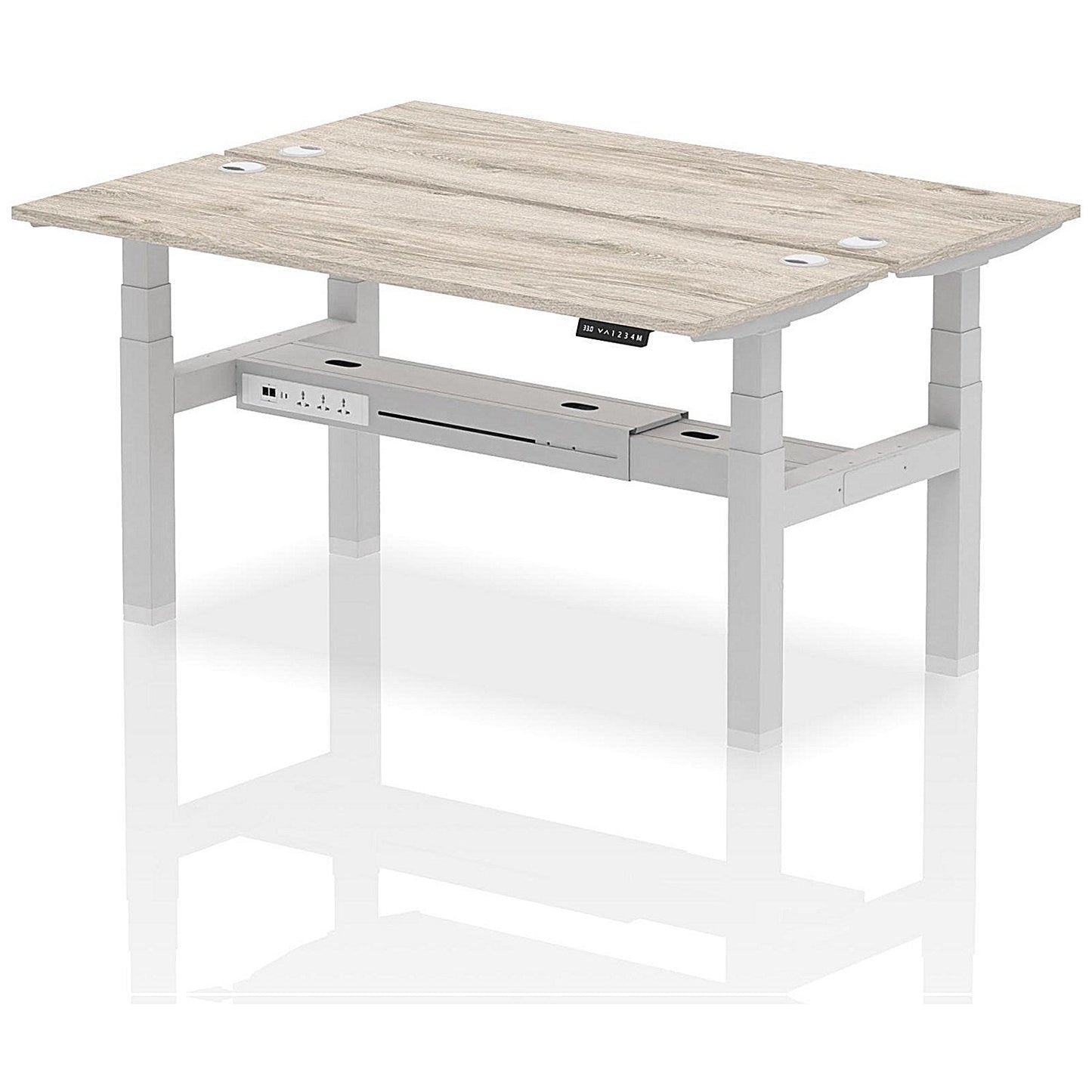 Air 2 Person Sit-Standing Bench Desk, Back to Back, 2 x 1600mm (600mm Deep), Silver Frame, Grey Oak Easy2Order : HA02186
