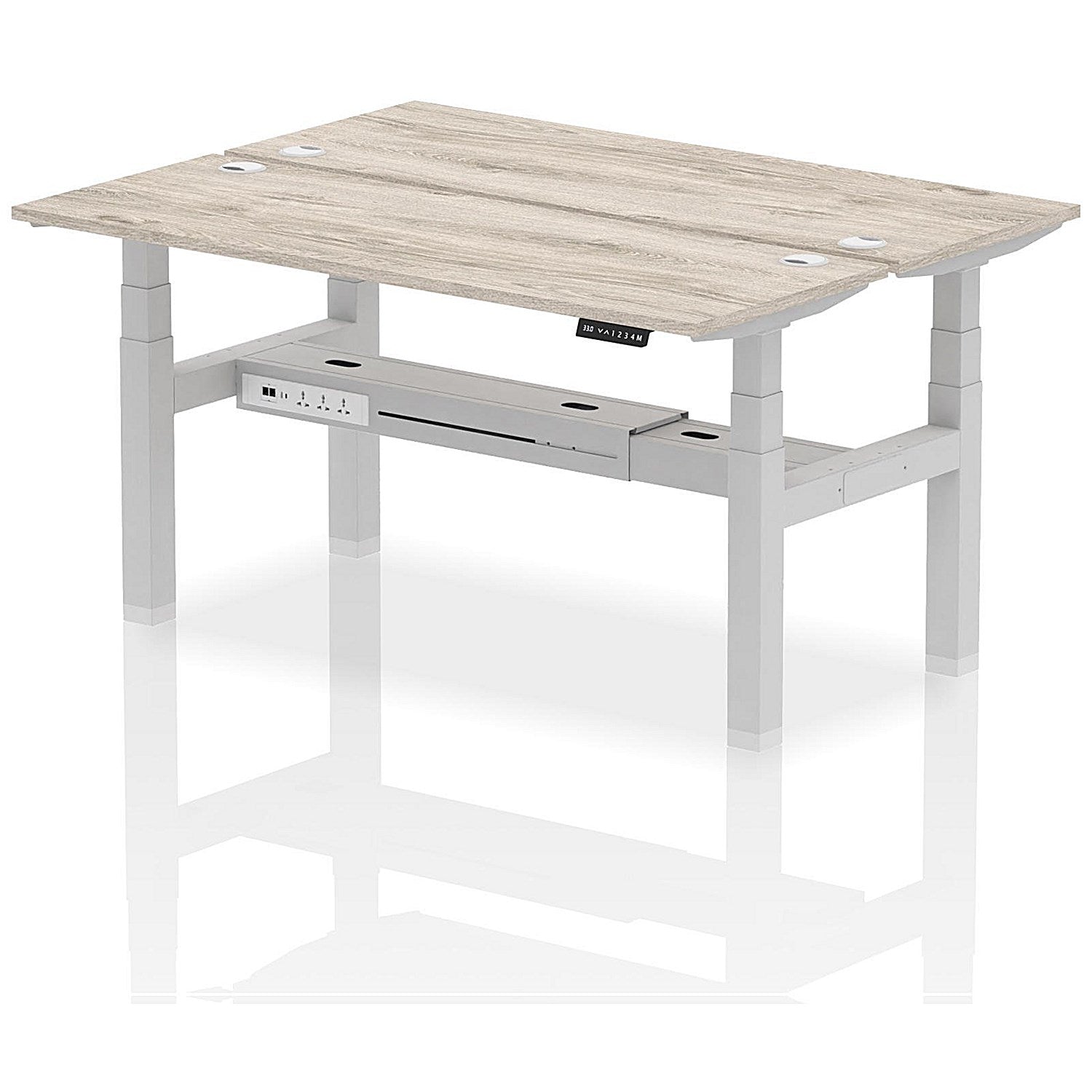 Air 2 Person Sit-Standing Bench Desk, Back to Back, 2 x 1600mm (600mm Deep), Silver Frame, Grey Oak Easy2Order : HA02186