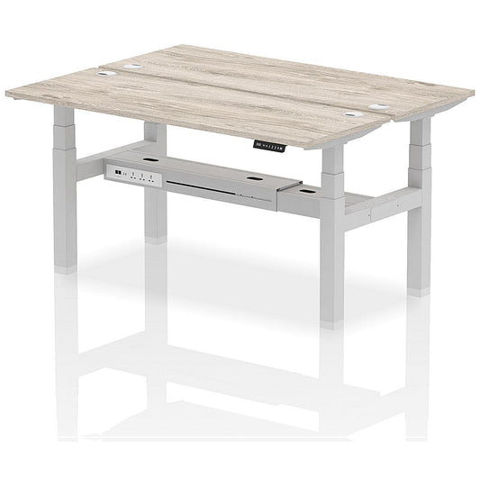 Air 2 Person Sit-Standing Bench Desk, Back to Back, 2 x 1600mm (600mm Deep), Silver Frame, Grey Oak Easy2Order : HA02186