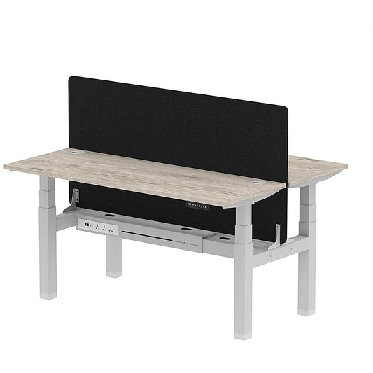 Air 2 Person Sit-Standing Bench Desk with Black Straight Screen, Back to Back, 2 x 1600mm (600mm Deep), Silver Frame, Grey Oak Easy2Order : HA02187