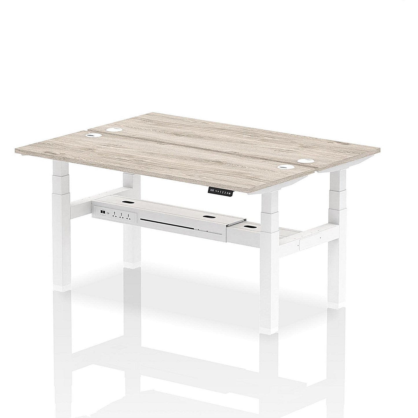 Air 2 Person Sit-Standing Bench Desk, Back to Back, 2 x 1600mm (600mm Deep), White Frame, Grey Oak Easy2Order : HA02188