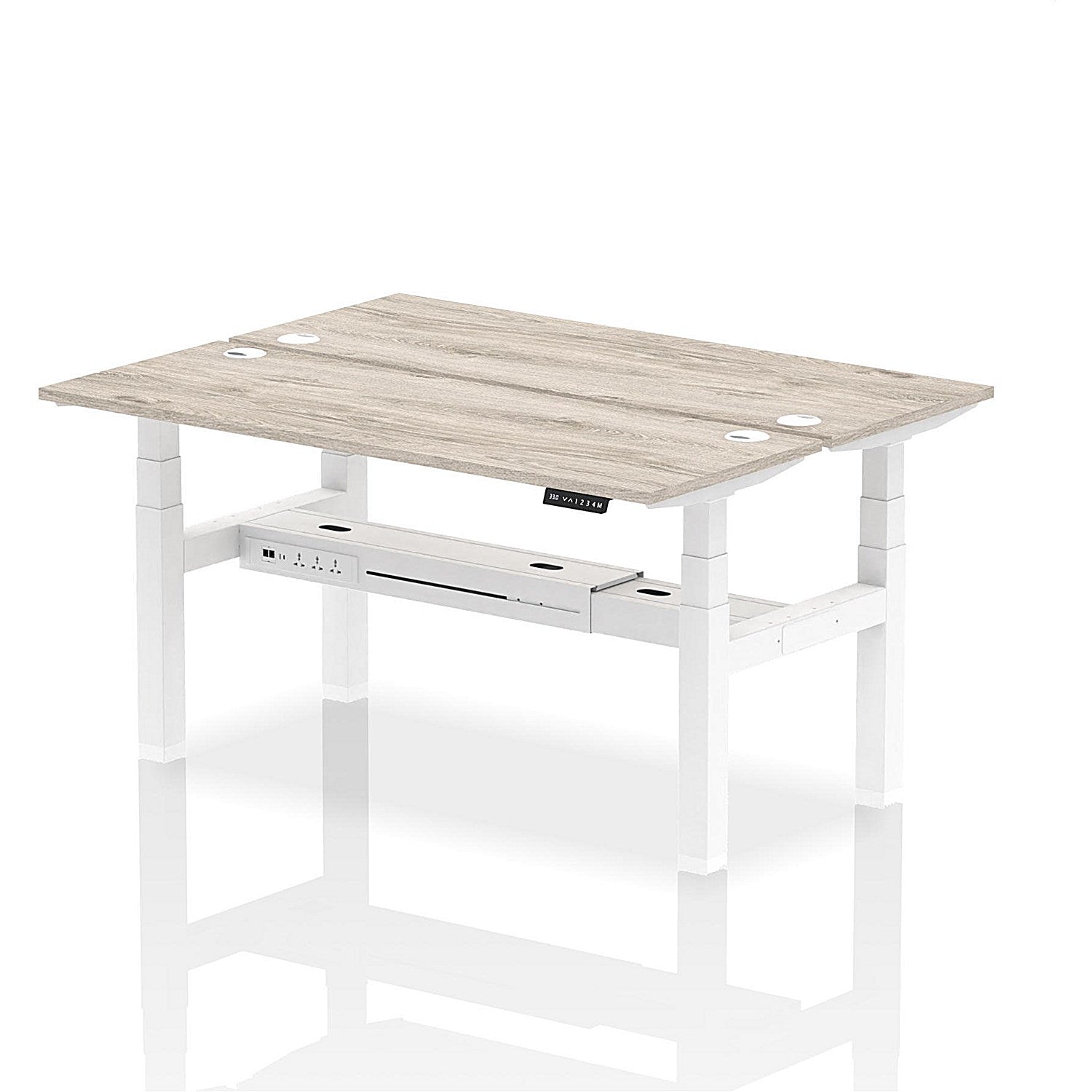 Air 2 Person Sit-Standing Bench Desk, Back to Back, 2 x 1600mm (600mm Deep), White Frame, Grey Oak Easy2Order : HA02188