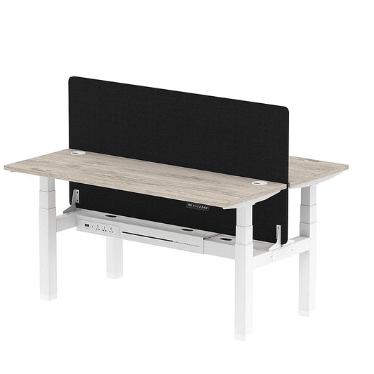 Air 2 Person Sit-Standing Bench Desk with Black Straight Screen, Back to Back, 2 x 1600mm (600mm Deep), White Frame, Grey Oak Easy2Order : HA02189