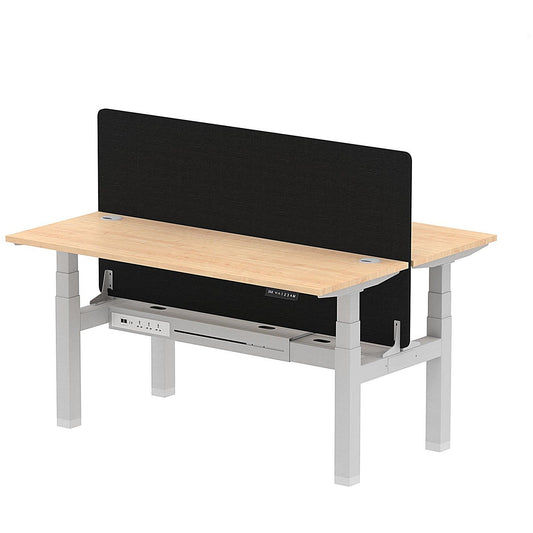 Air 2 Person Sit-Standing Bench Desk with Black Straight Screen, Back to Back, 2 x 1600mm (600mm Deep), Silver Frame, Maple Easy2Order : HA02193