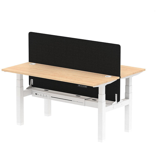 Air 2 Person Sit-Standing Bench Desk with Black Straight Screen, Back to Back, 2 x 1600mm (600mm Deep), White Frame, Maple Easy2Order : HA02195