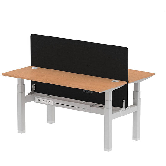 Air 2 Person Sit-Standing Bench Desk with Black Straight Screen, Back to Back, 2 x 1600mm (600mm Deep), Silver Frame, Oak Easy2Order : HA02199