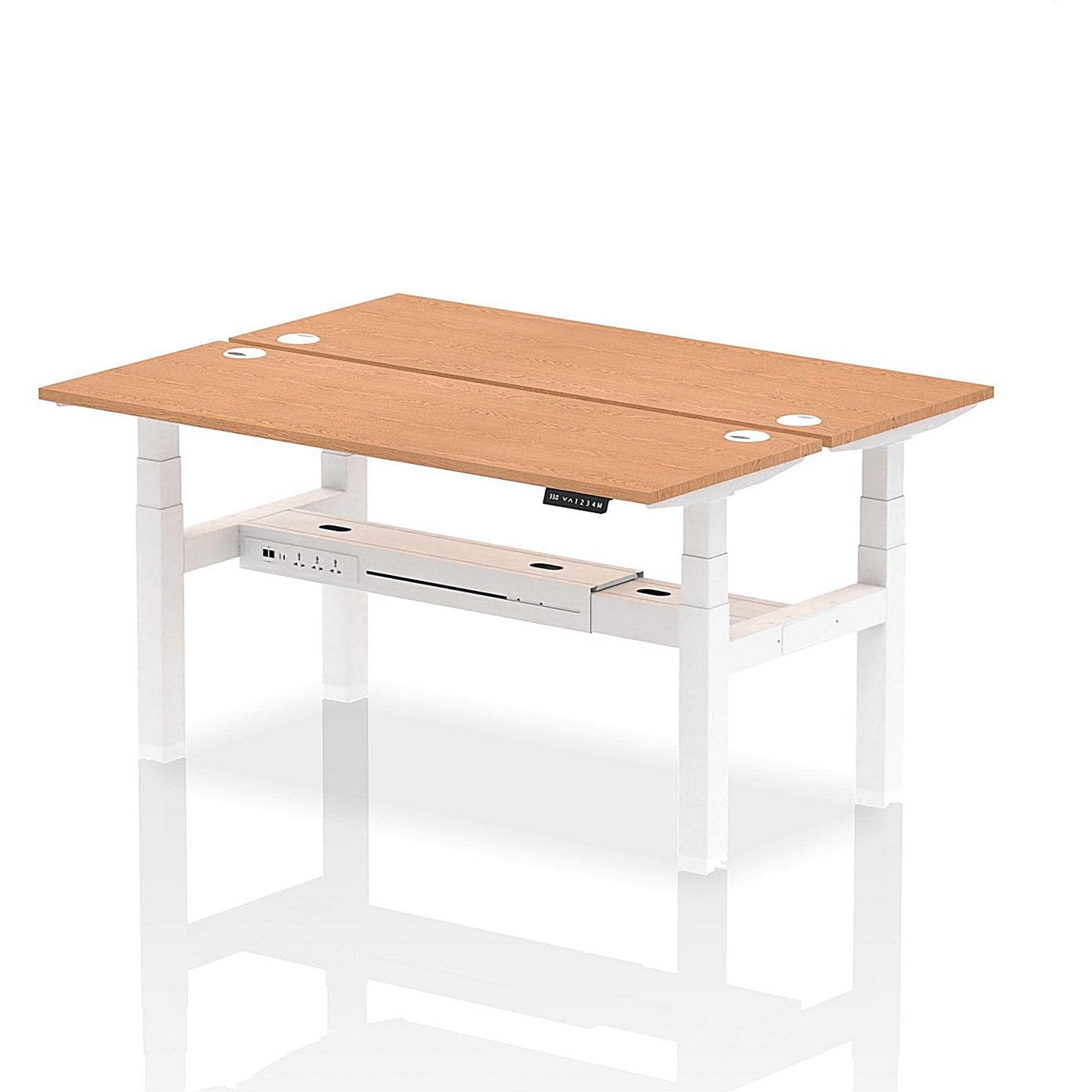 Air 2 Person Sit-Standing Bench Desk, Back to Back, 2 x 1600mm (600mm Deep), White Frame, Oak Easy2Order : HA02200