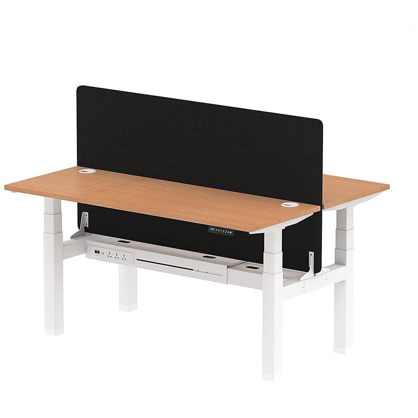 Air 2 Person Sit-Standing Bench Desk with Black Straight Screen, Back to Back, 2 x 1600mm (600mm Deep), White Frame, Oak Easy2Order : HA02201
