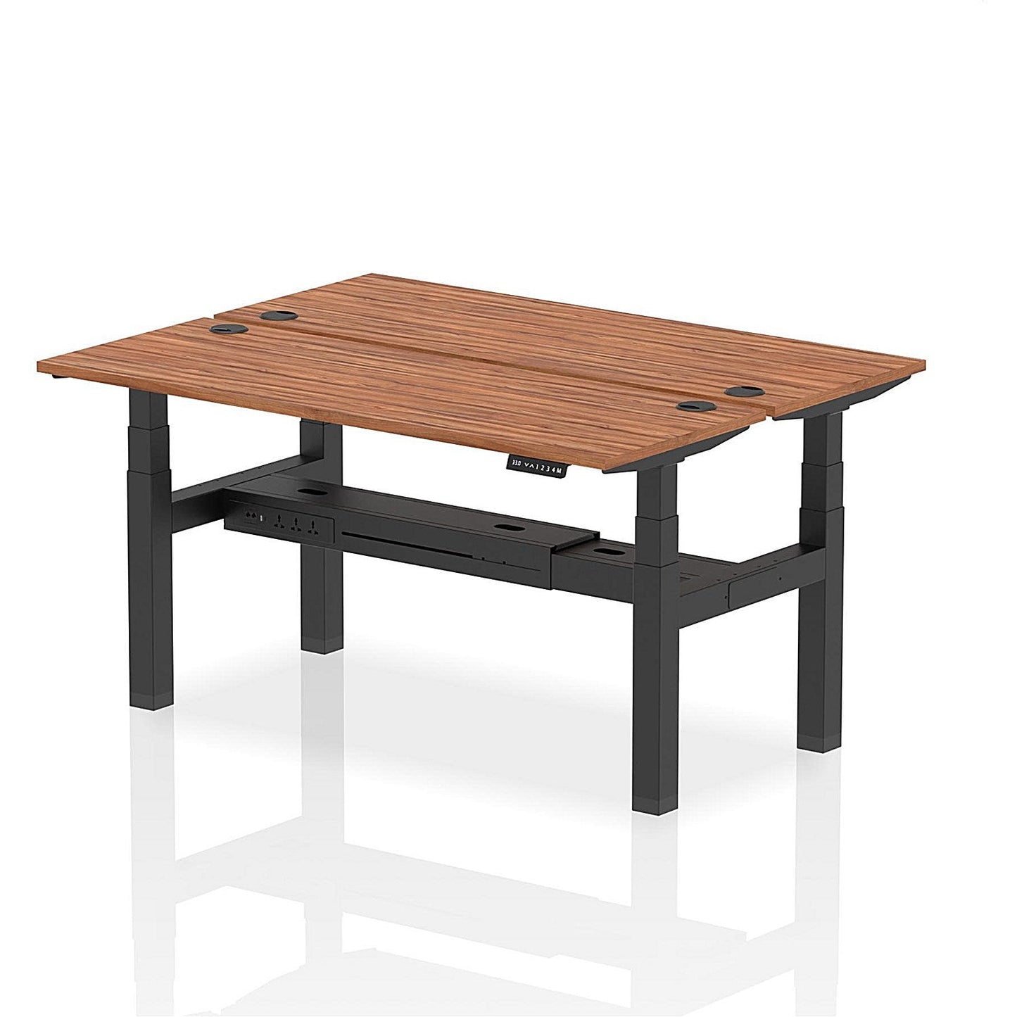 Air 2 Person Sit-Standing Bench Desk, Back to Back, 2 x 1600mm (600mm Deep), Black Frame, Walnut Easy2Order : HA02202