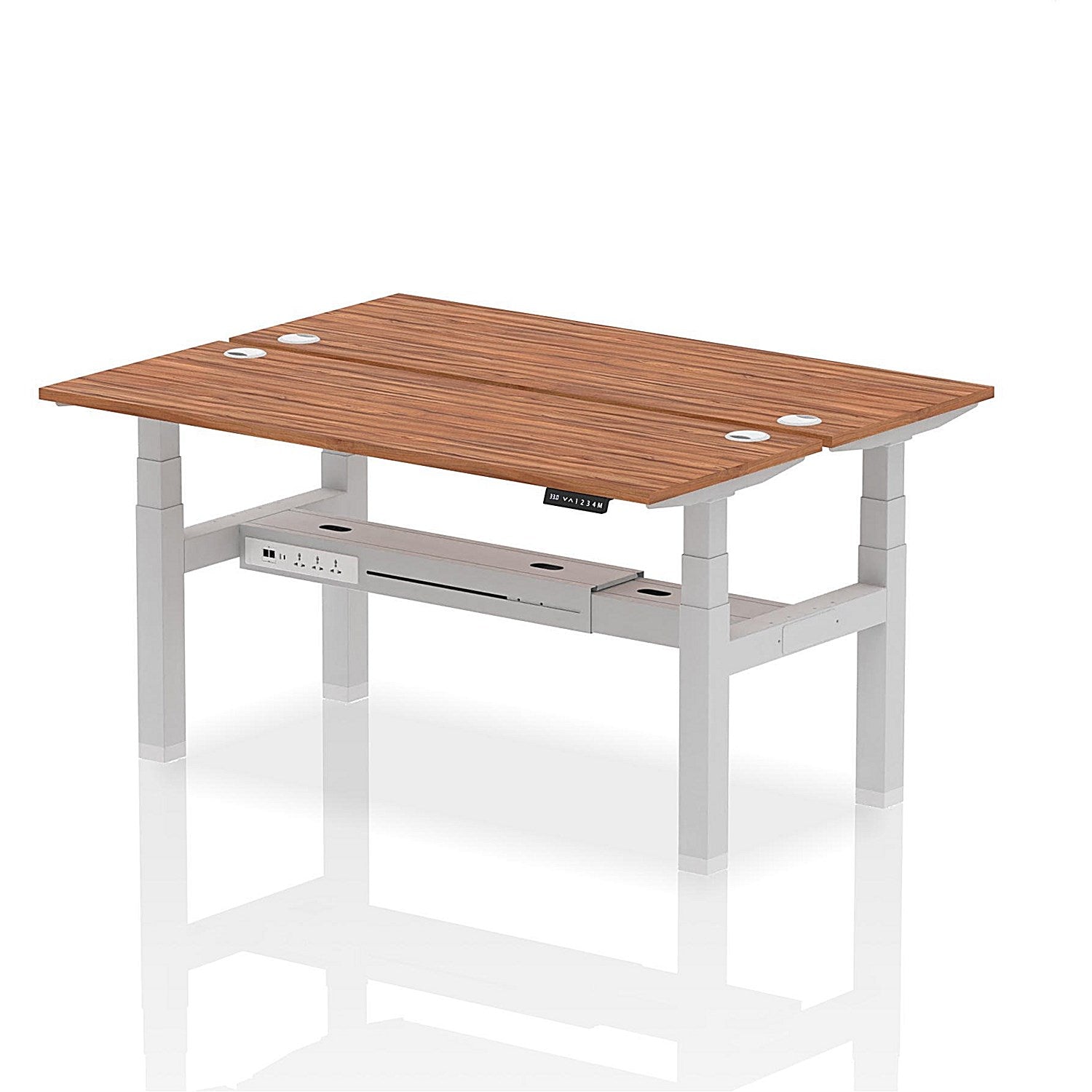 Air 2 Person Sit-Standing Bench Desk, Back to Back, 2 x 1600mm (600mm Deep), Silver Frame, Walnut Easy2Order : HA02204