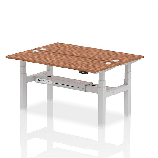 Air 2 Person Sit-Standing Bench Desk, Back to Back, 2 x 1600mm (600mm Deep), Silver Frame, Walnut Easy2Order : HA02204