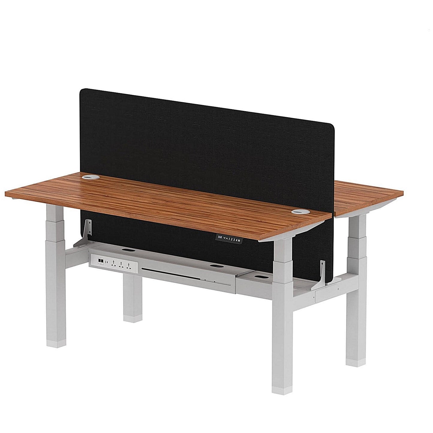 Air 2 Person Sit-Standing Bench Desk with Black Straight Screen, Back to Back, 2 x 1600mm (600mm Deep), Silver Frame, Walnut Easy2Order : HA02205