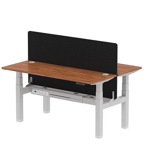 Air 2 Person Sit-Standing Bench Desk with Black Straight Screen, Back to Back, 2 x 1600mm (600mm Deep), Silver Frame, Walnut Easy2Order : HA02205