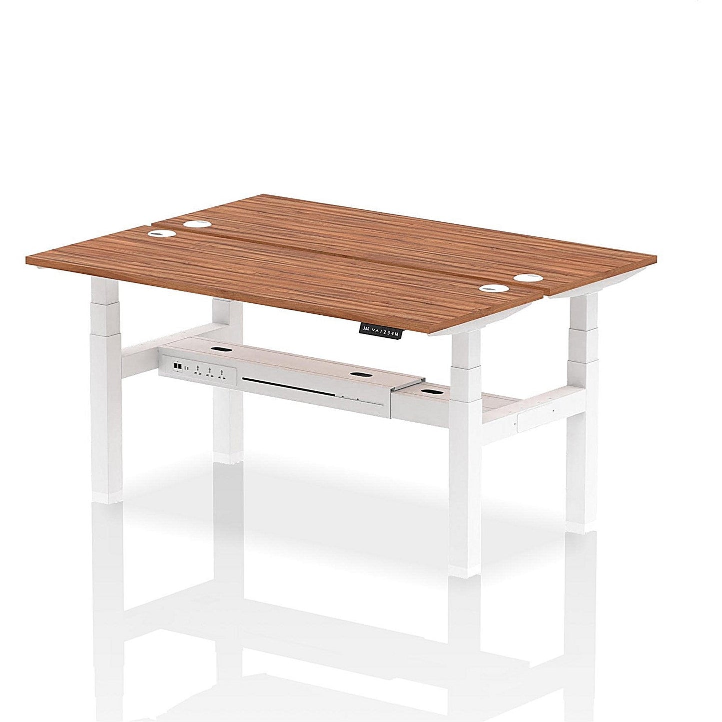 Air 2 Person Sit-Standing Bench Desk, Back to Back, 2 x 1600mm (600mm Deep), White Frame, Walnut Easy2Order : HA02206