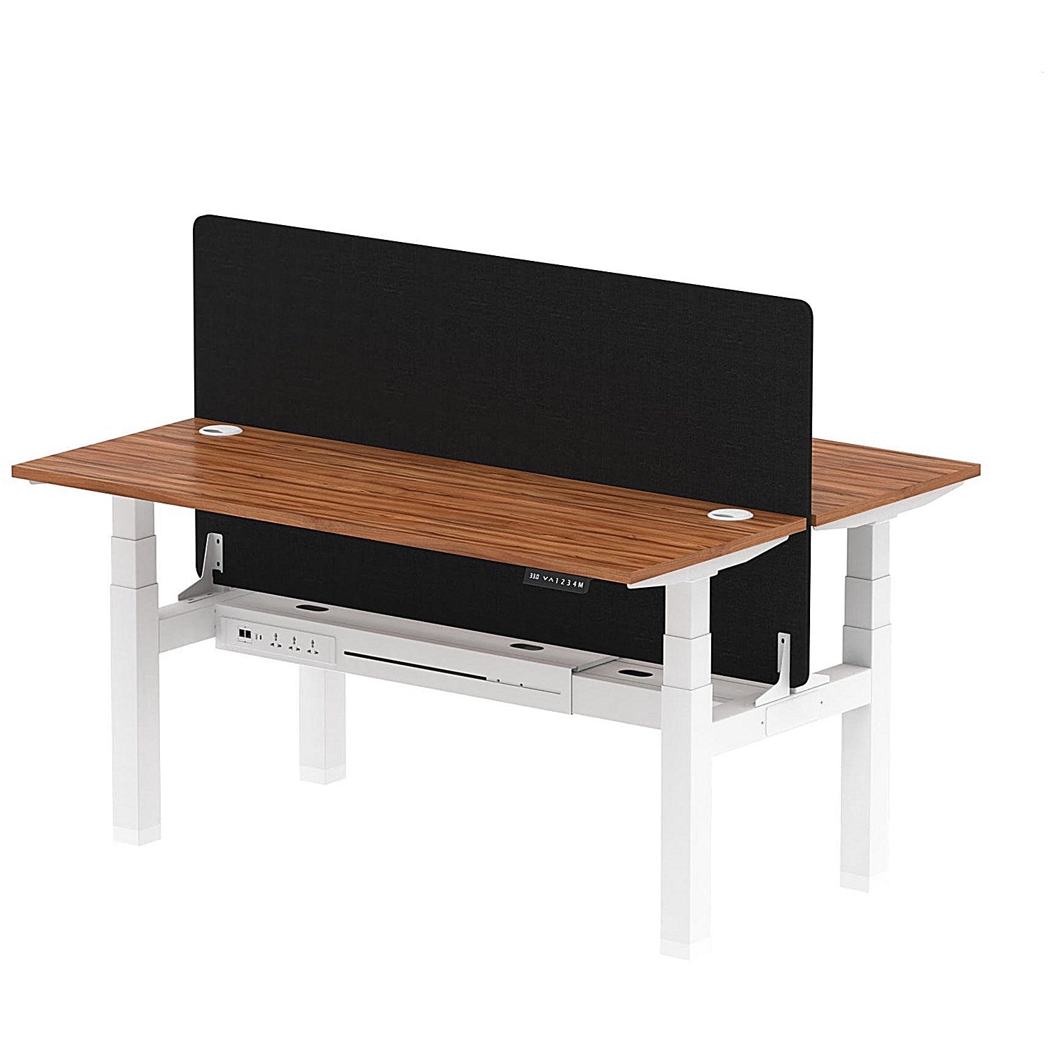 Air 2 Person Sit-Standing Bench Desk with Black Straight Screen, Back to Back, 2 x 1600mm (600mm Deep), White Frame, Walnut Easy2Order : HA02207