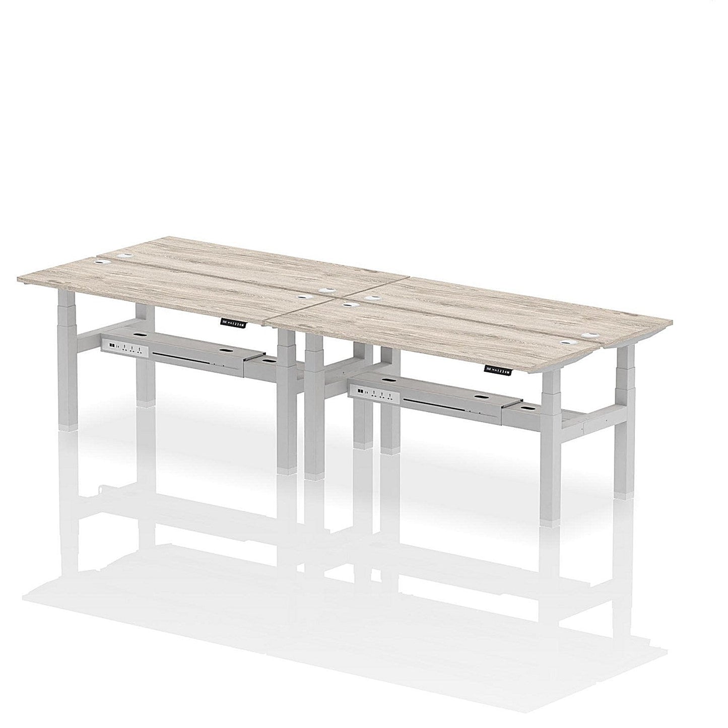 Air 4 Person Sit-Standing Bench Desk, Back to Back, 4 x 1600mm (600mm Deep), Silver Frame, Grey Oak Easy2Order : HA02222
