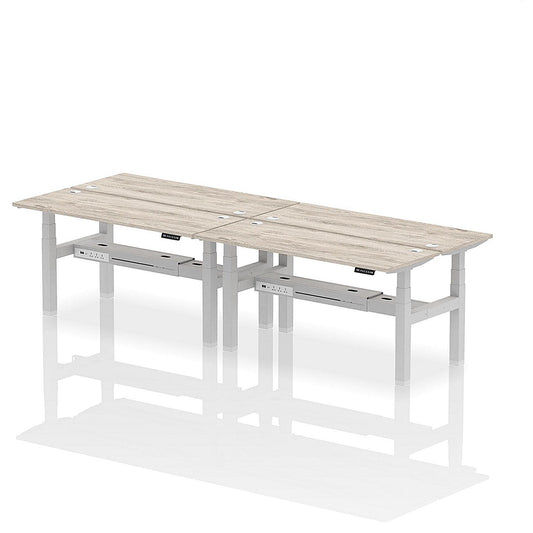 Air 4 Person Sit-Standing Bench Desk, Back to Back, 4 x 1600mm (600mm Deep), Silver Frame, Grey Oak Easy2Order : HA02222