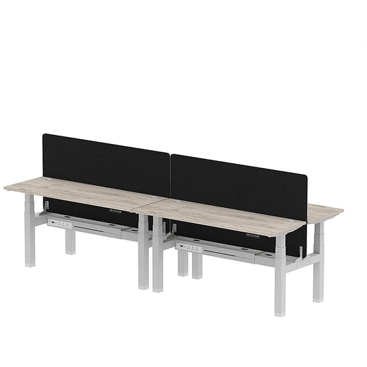Air 4 Person Sit-Standing Bench Desk with Black Straight Screen, Back to Back, 4 x 1600mm (600mm Deep), Silver Frame, Grey Oak Easy2Order : HA02223