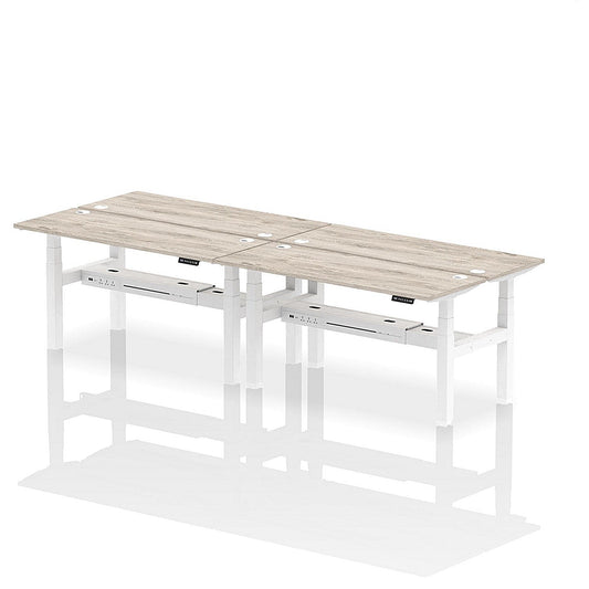 Air 4 Person Sit-Standing Bench Desk, Back to Back, 4 x 1600mm (600mm Deep), White Frame, Grey Oak Easy2Order : HA02224