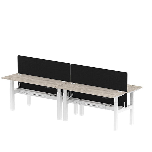 Air 4 Person Sit-Standing Bench Desk with Black Straight Screen, Back to Back, 4 x 1600mm (600mm Deep), White Frame, Grey Oak Easy2Order : HA02225