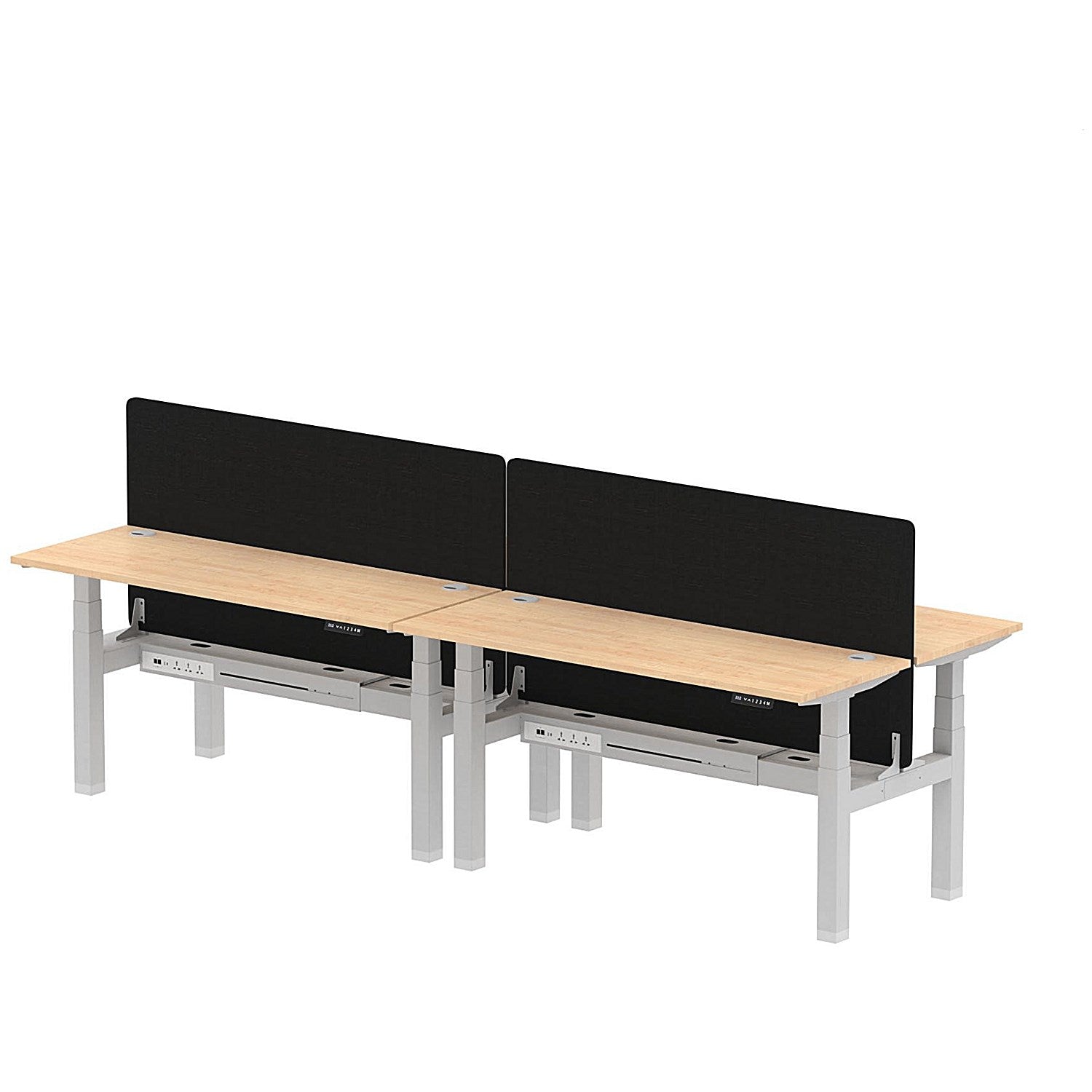 Air 4 Person Sit-Standing Bench Desk with Black Straight Screen, Back to Back, 4 x 1600mm (600mm Deep), Silver Frame, Maple Easy2Order : HA02229
