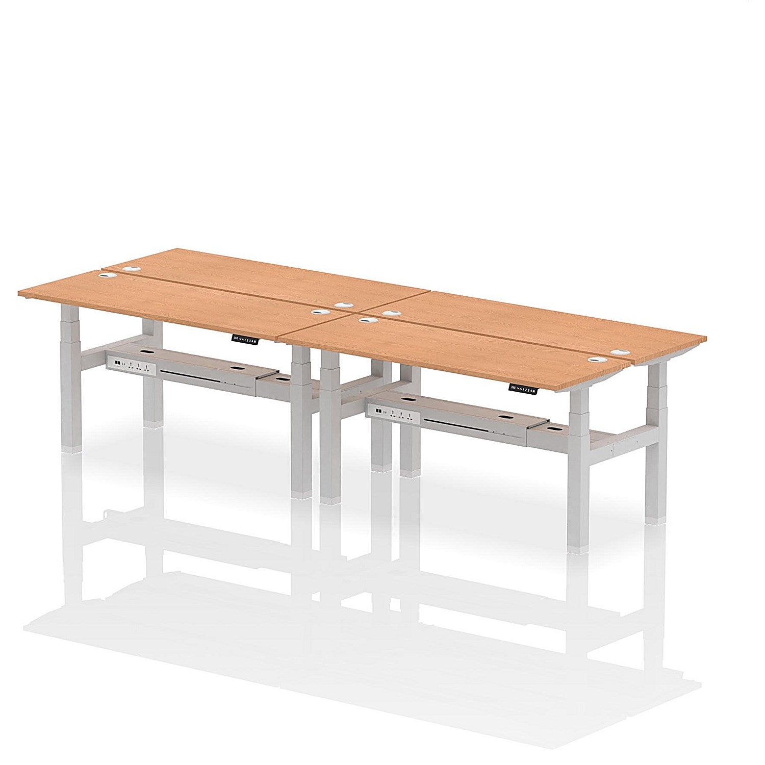 Air 4 Person Sit-Standing Bench Desk, Back to Back, 4 x 1600mm (600mm Deep), Silver Frame, Oak Easy2Order : HA02234