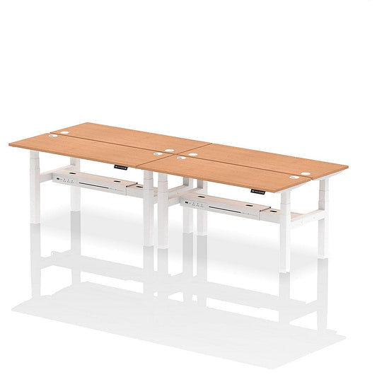Air 4 Person Sit-Standing Bench Desk, Back to Back, 4 x 1600mm (600mm Deep), White Frame, Oak Easy2Order : HA02236