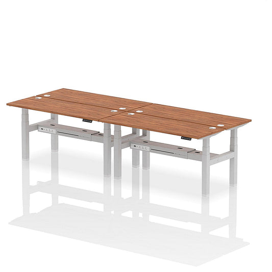 Air 4 Person Sit-Standing Bench Desk, Back to Back, 4 x 1600mm (600mm Deep), Silver Frame, Walnut Easy2Order : HA02240