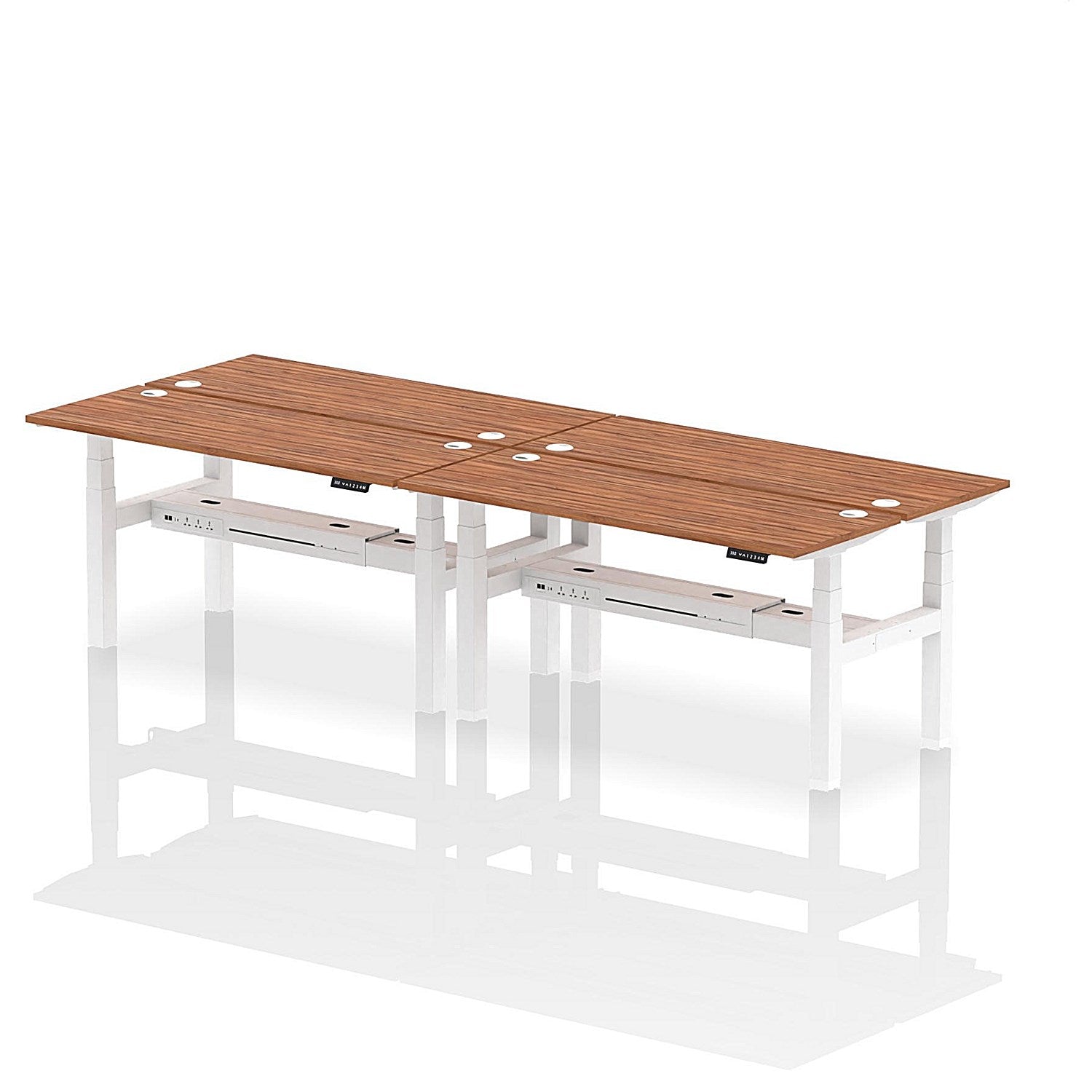 Air 4 Person Sit-Standing Bench Desk, Back to Back, 4 x 1600mm (600mm Deep), White Frame, Walnut Easy2Order : HA02242