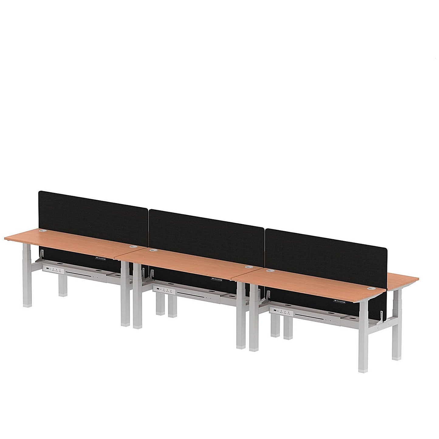 Air 6 Person Sit-Standing Bench Desk with Black Straight Screen, Back to Back, 6 x 1600mm (600mm Deep), Silver Frame, Beech Easy2Order : HA02253