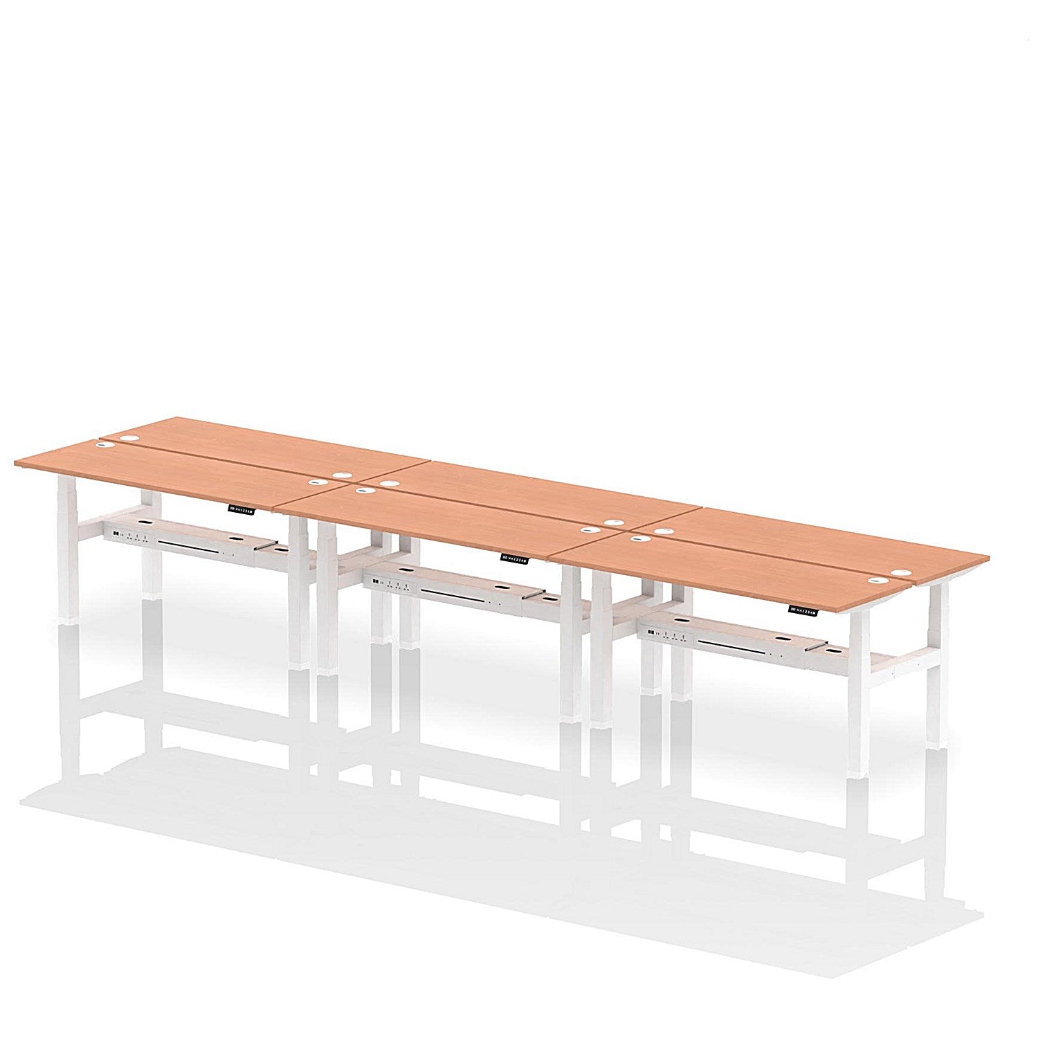 Air 6 Person Sit-Standing Bench Desk, Back to Back, 6 x 1600mm (600mm Deep), White Frame, Beech Easy2Order : HA02254