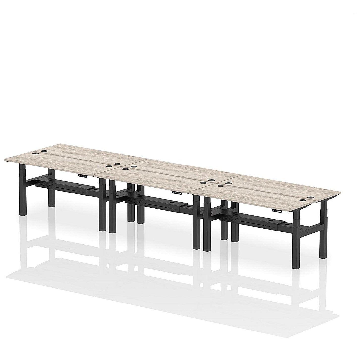 Air 6 Person Sit-Standing Bench Desk, Back to Back, 6 x 1600mm (600mm Deep), Black Frame, Grey Oak Easy2Order : HA02256