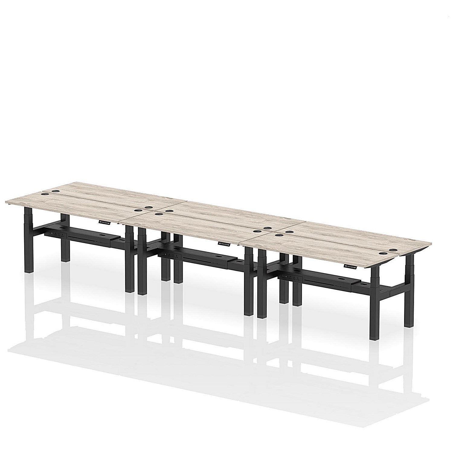 Air 6 Person Sit-Standing Bench Desk, Back to Back, 6 x 1600mm (600mm Deep), Black Frame, Grey Oak Easy2Order : HA02256