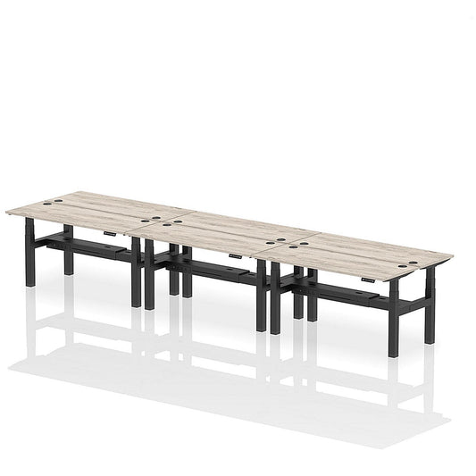 Air 6 Person Sit-Standing Bench Desk, Back to Back, 6 x 1600mm (600mm Deep), Black Frame, Grey Oak Easy2Order : HA02256