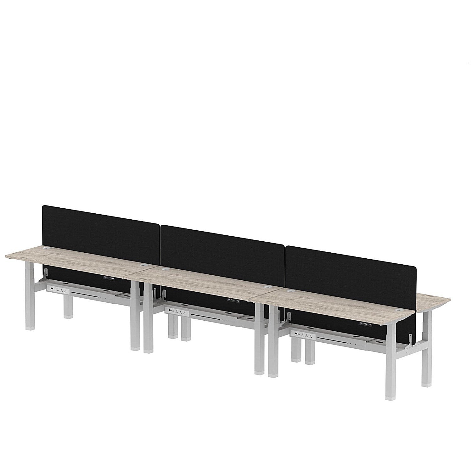 Air 6 Person Sit-Standing Bench Desk with Black Straight Screen, Back to Back, 6 x 1600mm (600mm Deep), Silver Frame, Grey Oak Easy2Order : HA02259