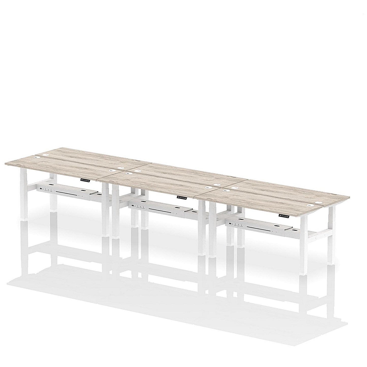 Air 6 Person Sit-Standing Bench Desk, Back to Back, 6 x 1600mm (600mm Deep), White Frame, Grey Oak Easy2Order : HA02260