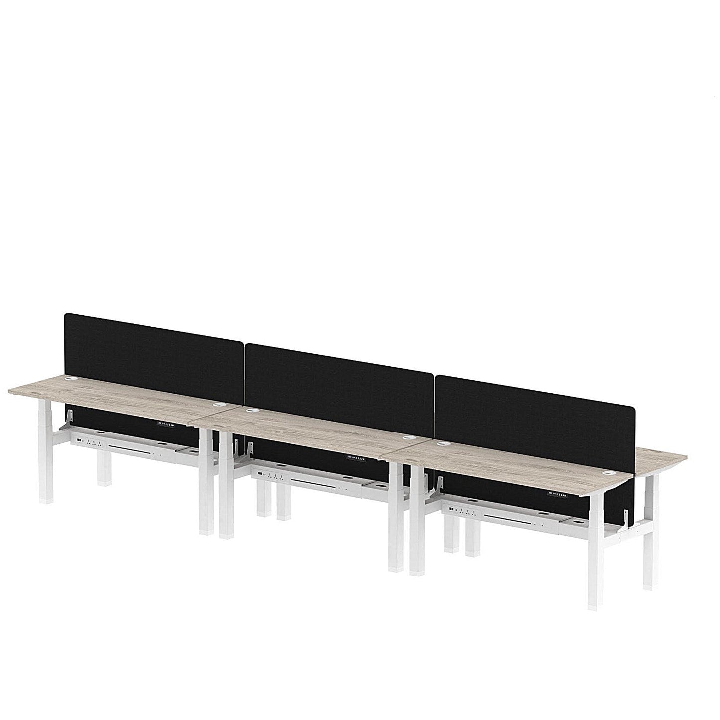 Air 6 Person Sit-Standing Bench Desk with Black Straight Screen, Back to Back, 6 x 1600mm (600mm Deep), White Frame, Grey Oak Easy2Order : HA02261