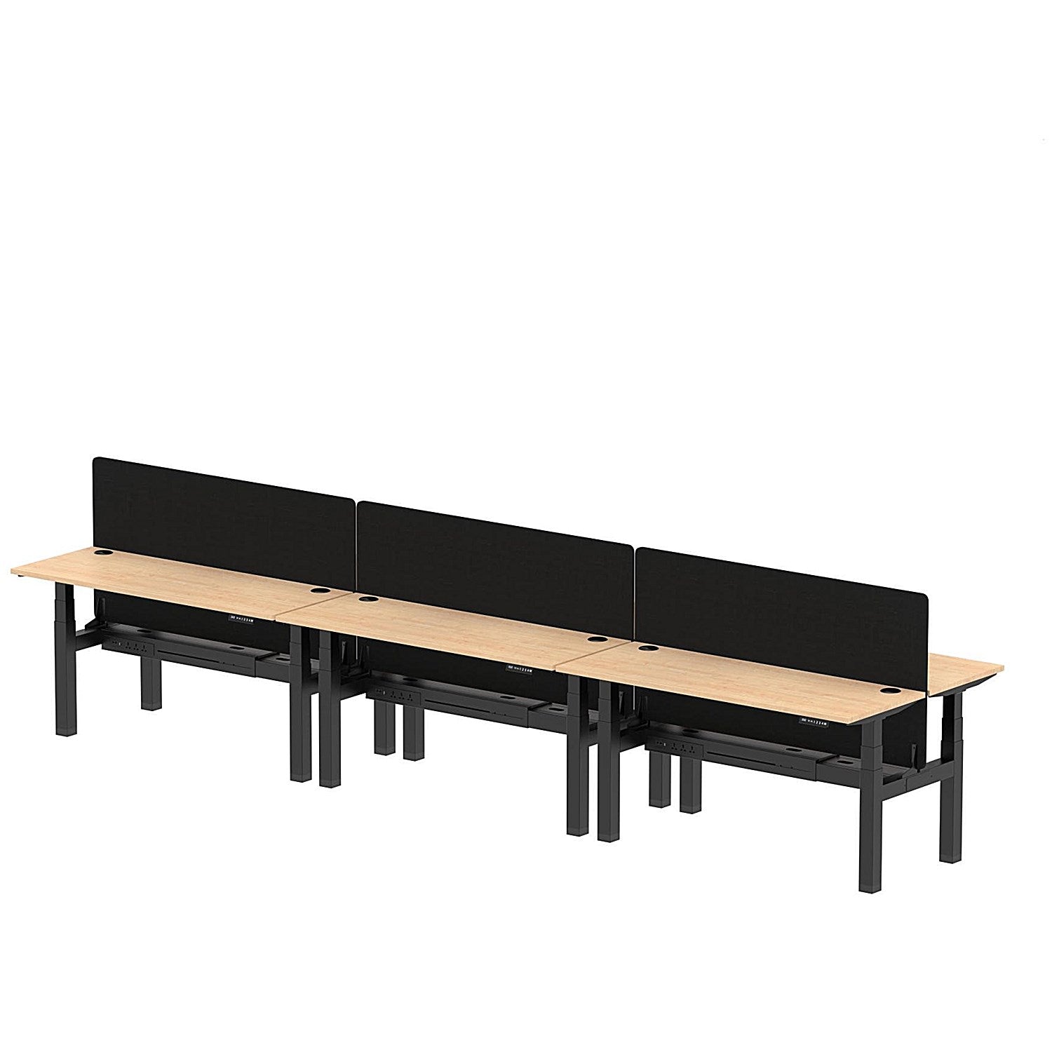 Air 6 Person Sit-Standing Bench Desk with Black Straight Screen, Back to Back, 6 x 1600mm (600mm Deep), Black Frame, Maple Easy2Order : HA02263