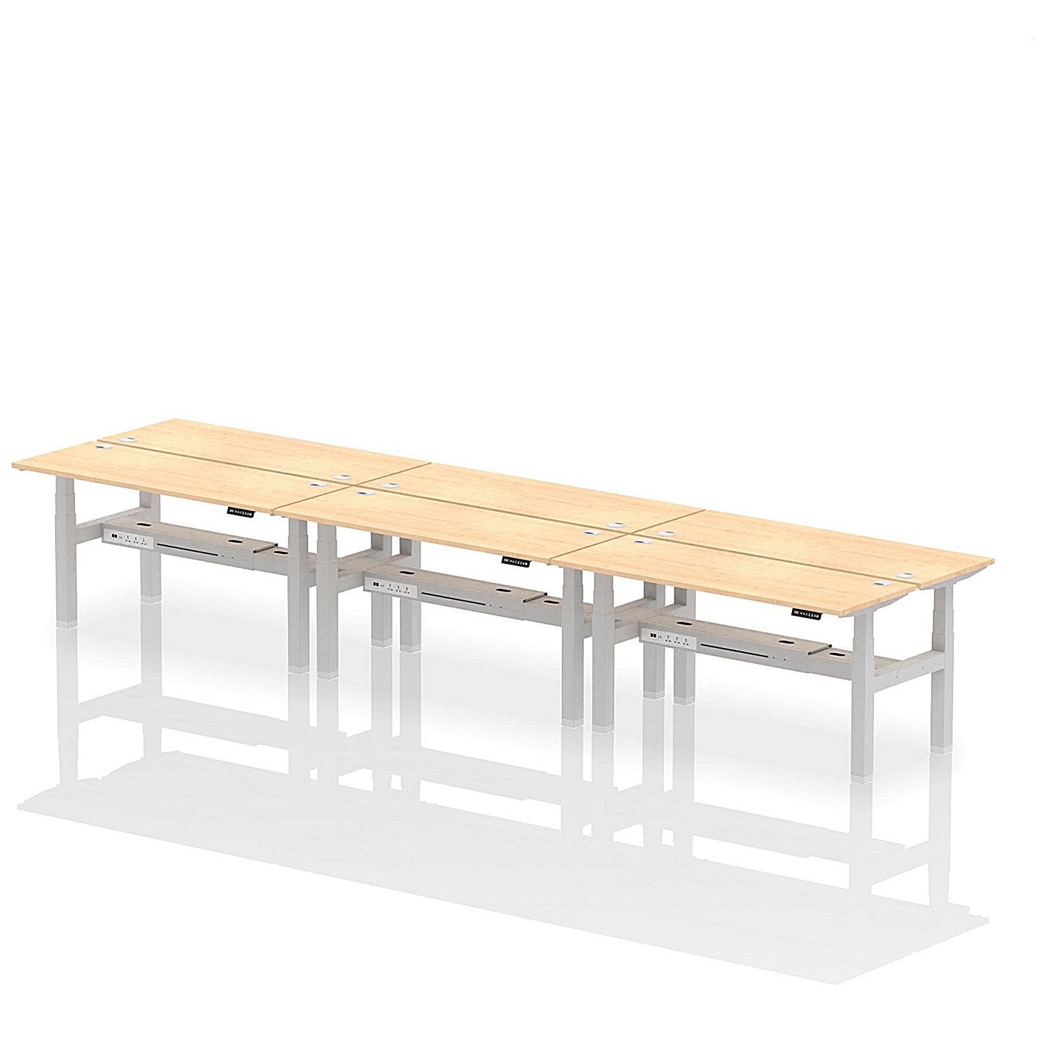 Air 6 Person Sit-Standing Bench Desk, Back to Back, 6 x 1600mm (600mm Deep), Silver Frame, Maple Easy2Order : HA02264