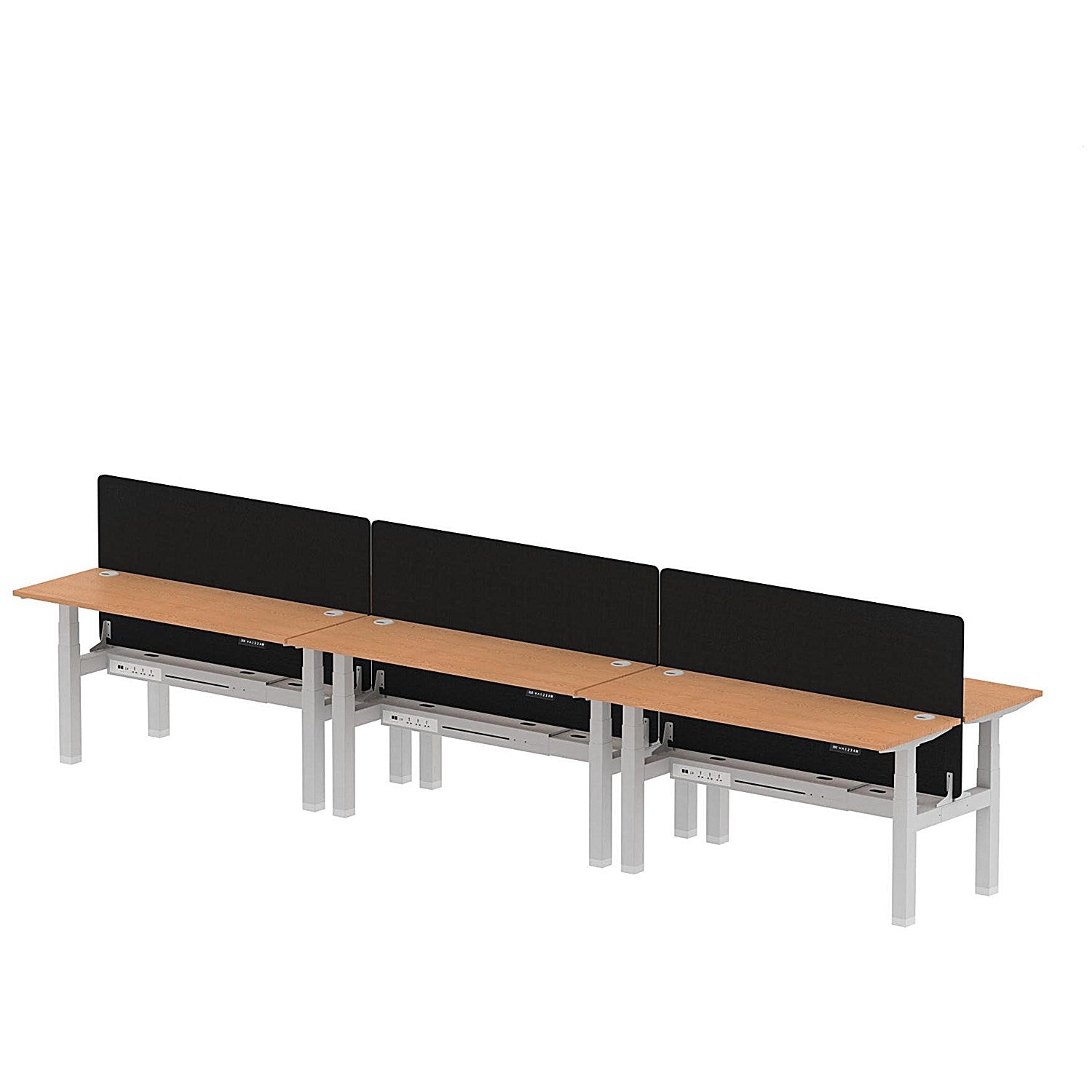 Air 6 Person Sit-Standing Bench Desk with Black Straight Screen, Back to Back, 6 x 1600mm (600mm Deep), Silver Frame, Oak Easy2Order : HA02271