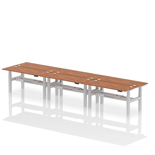 Air 6 Person Sit-Standing Bench Desk, Back to Back, 6 x 1600mm (600mm Deep), Silver Frame, Walnut Easy2Order : HA02276