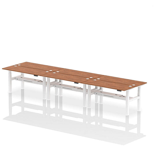 Air 6 Person Sit-Standing Bench Desk, Back to Back, 6 x 1600mm (600mm Deep), White Frame, Walnut Easy2Order : HA02278
