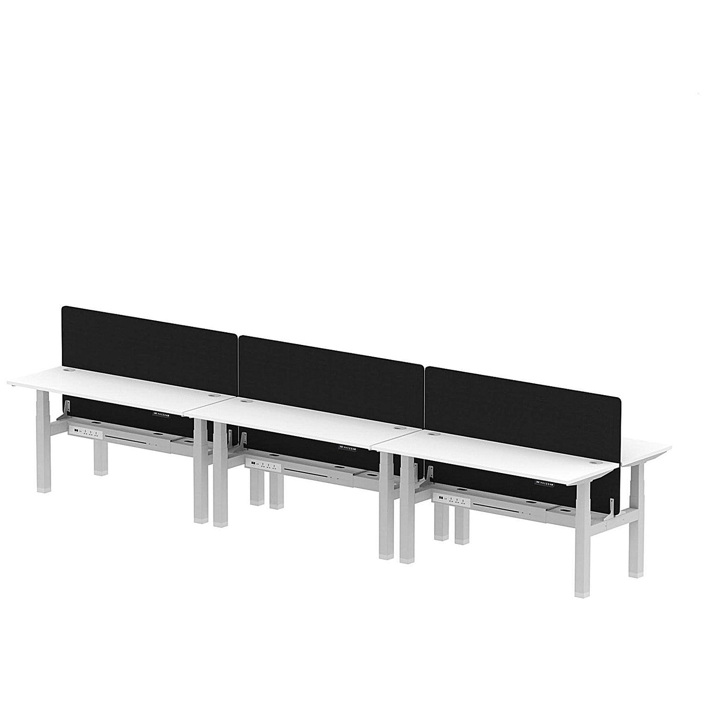 Air 6 Person Sit-Standing Bench Desk with Black Straight Screen, Back to Back, 6 x 1600mm (600mm Deep), Silver Frame, White Easy2Order : HA02283