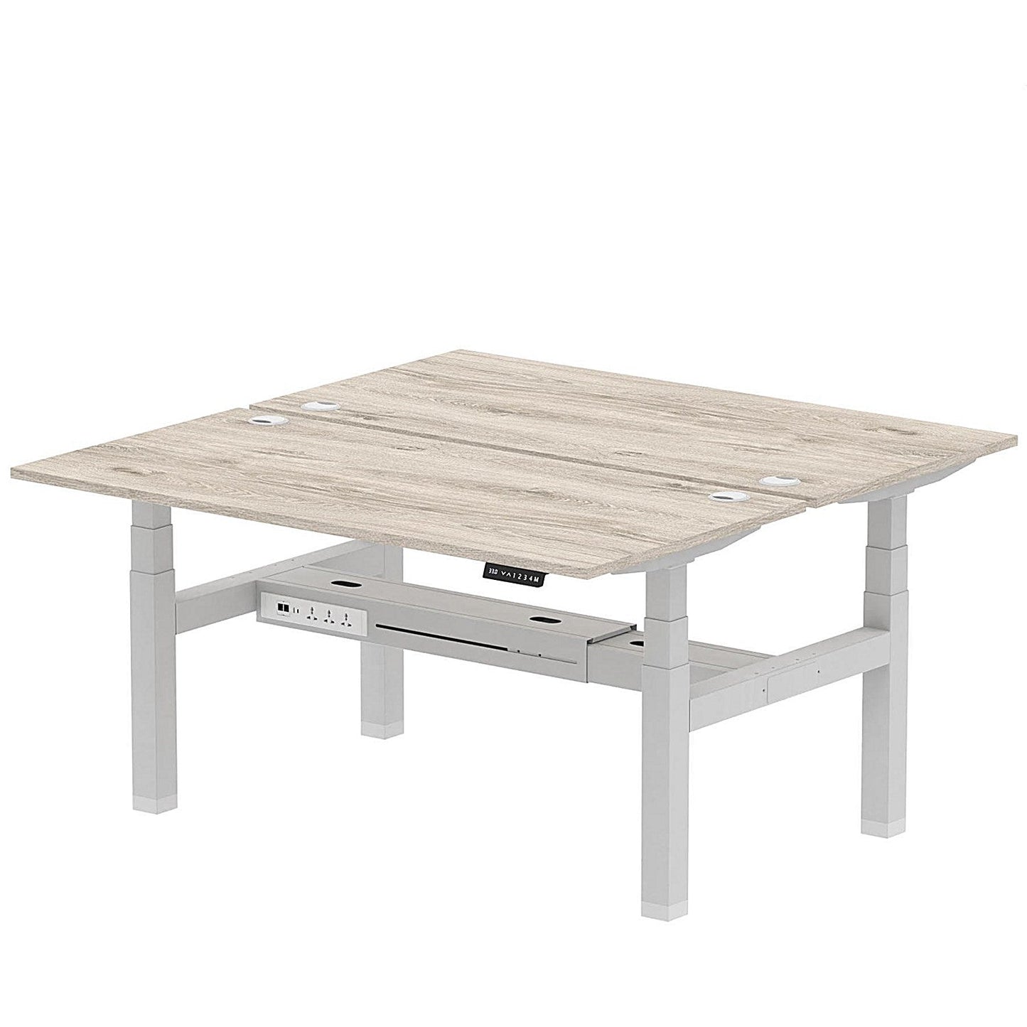 Air 2 Person Sit-Standing Bench Desk, Back to Back, 2 x 1600mm (800mm Deep), Silver Frame, Grey Oak Easy2Order : HA02300