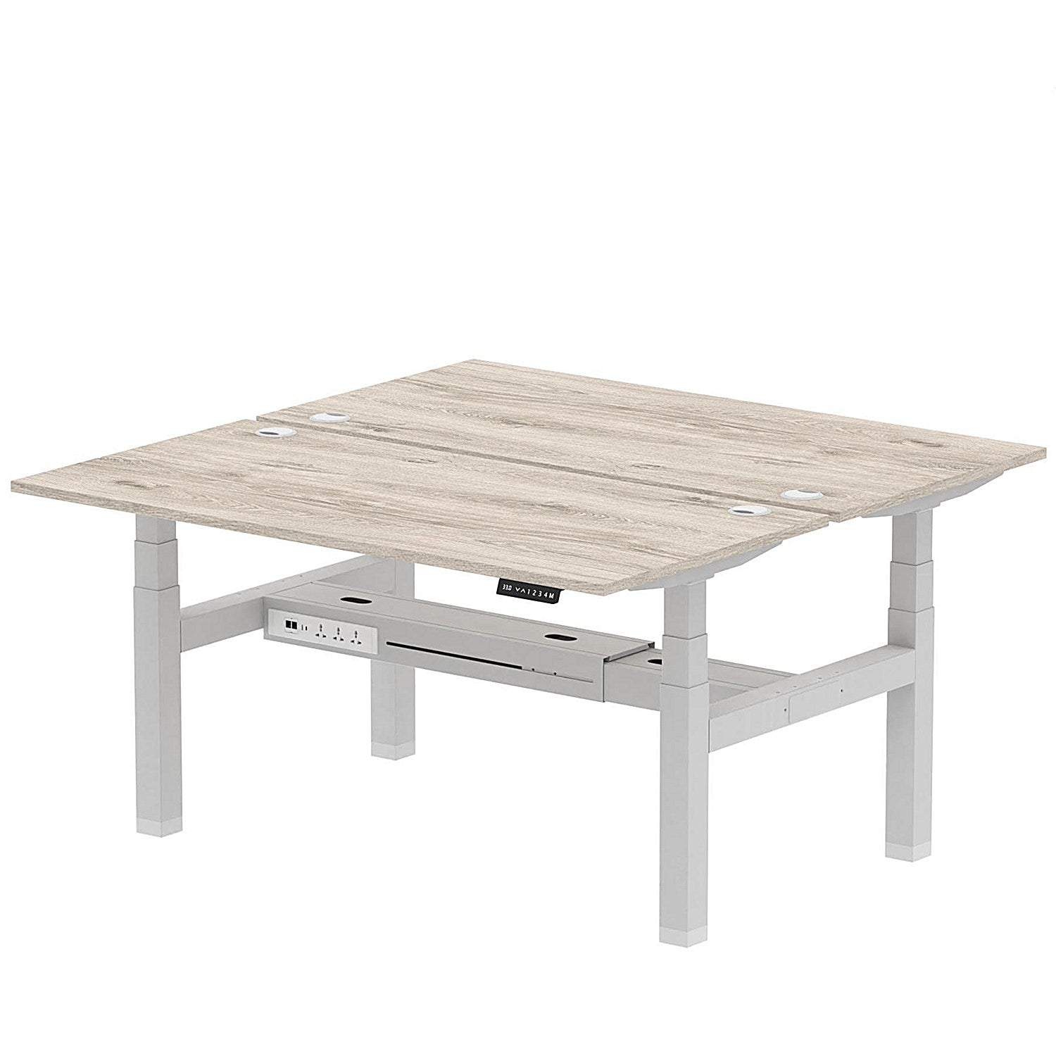 Air 2 Person Sit-Standing Bench Desk, Back to Back, 2 x 1600mm (800mm Deep), Silver Frame, Grey Oak Easy2Order : HA02300